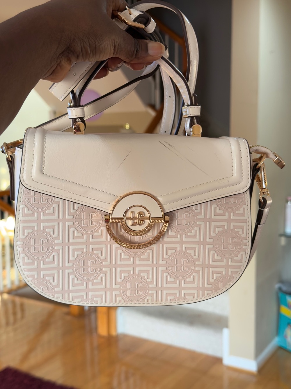 Cream Embossed Top-Handle Satchel with Gold Hardware